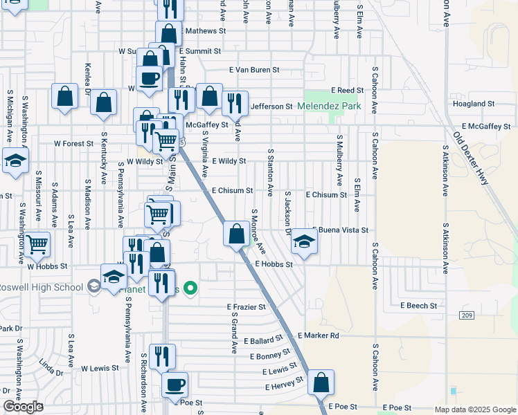 map of restaurants, bars, coffee shops, grocery stores, and more near 1500-1598 South Stanton Avenue in Roswell