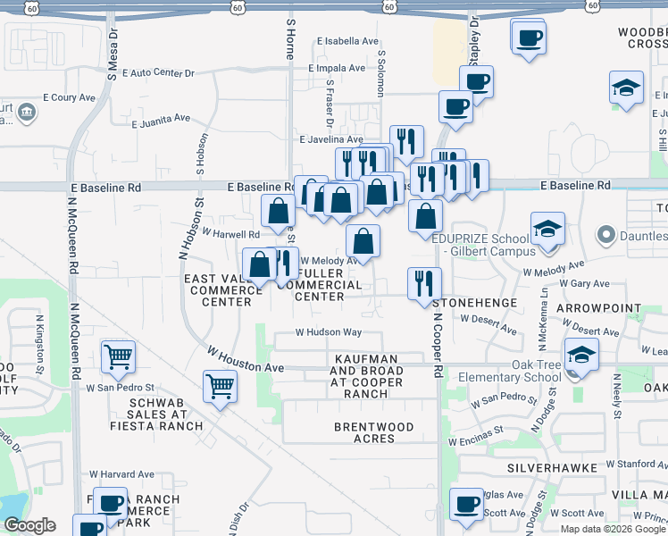 map of restaurants, bars, coffee shops, grocery stores, and more near 1389 North Leland Court in Gilbert
