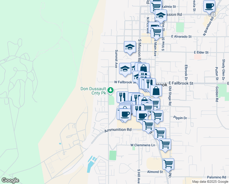 map of restaurants, bars, coffee shops, grocery stores, and more near 820 Cozy Court in Fallbrook
