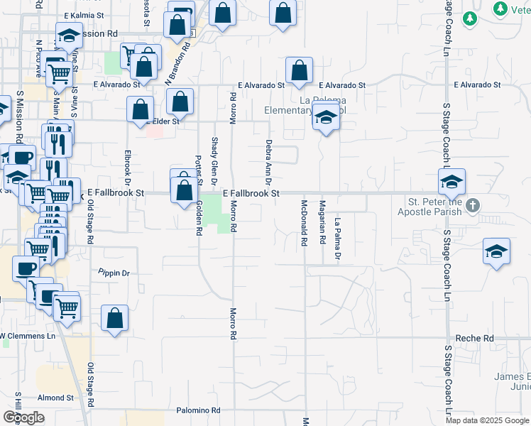 map of restaurants, bars, coffee shops, grocery stores, and more near 1025 Avenue Campana in Fallbrook