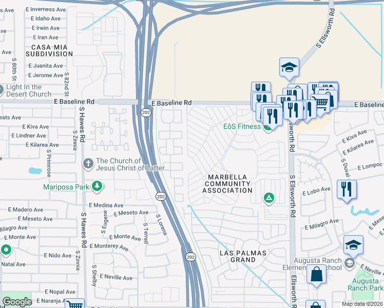 map of restaurants, bars, coffee shops, grocery stores, and more near 8758 East Lakeview Avenue in Mesa