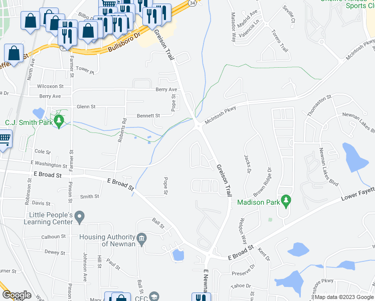 map of restaurants, bars, coffee shops, grocery stores, and more near 90 Chastain Circle in Newnan
