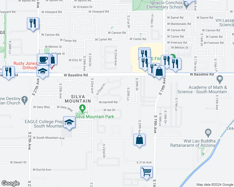 map of restaurants, bars, coffee shops, grocery stores, and more near 2116 West Fawn Drive in Phoenix