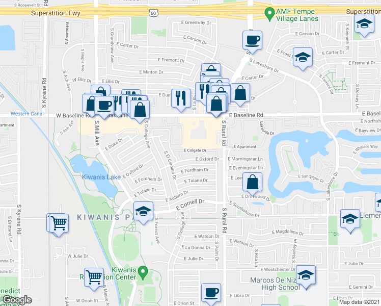 map of restaurants, bars, coffee shops, grocery stores, and more near 615 East Oxford Drive in Tempe