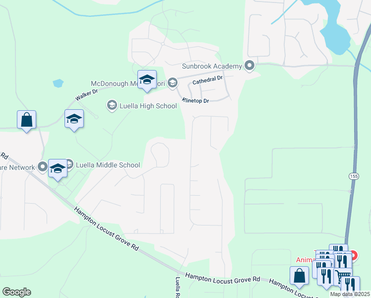 map of restaurants, bars, coffee shops, grocery stores, and more near 389 Glouchester Drive in Locust Grove