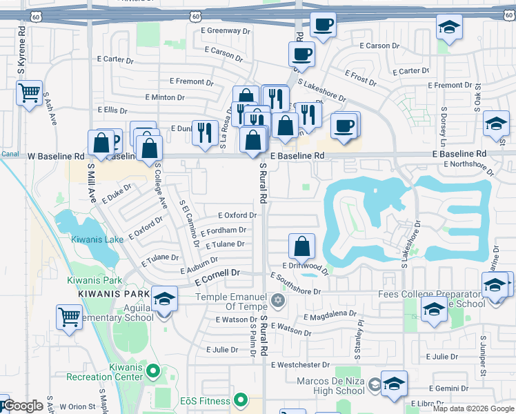 map of restaurants, bars, coffee shops, grocery stores, and more near 5311 South Palm Drive in Tempe