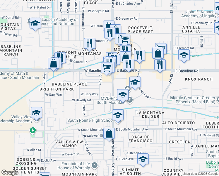 map of restaurants, bars, coffee shops, grocery stores, and more near 7823 South 1st Drive in Phoenix
