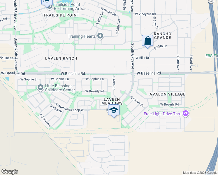 map of restaurants, bars, coffee shops, grocery stores, and more near 7713 South 69th Drive in Phoenix