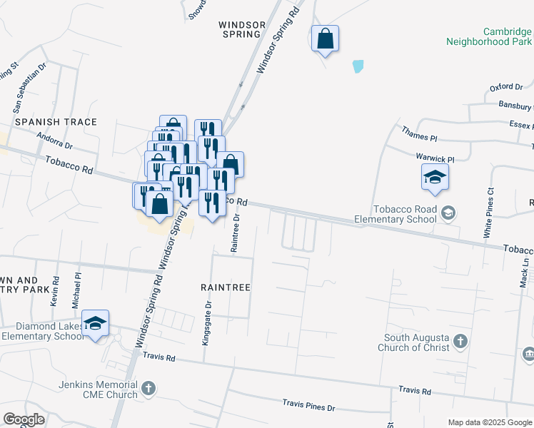 map of restaurants, bars, coffee shops, grocery stores, and more near 2476 Tobacco Road in Hephzibah