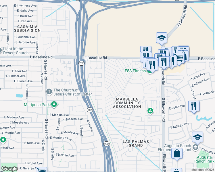map of restaurants, bars, coffee shops, grocery stores, and more near 8758 East Lakeview Avenue in Mesa
