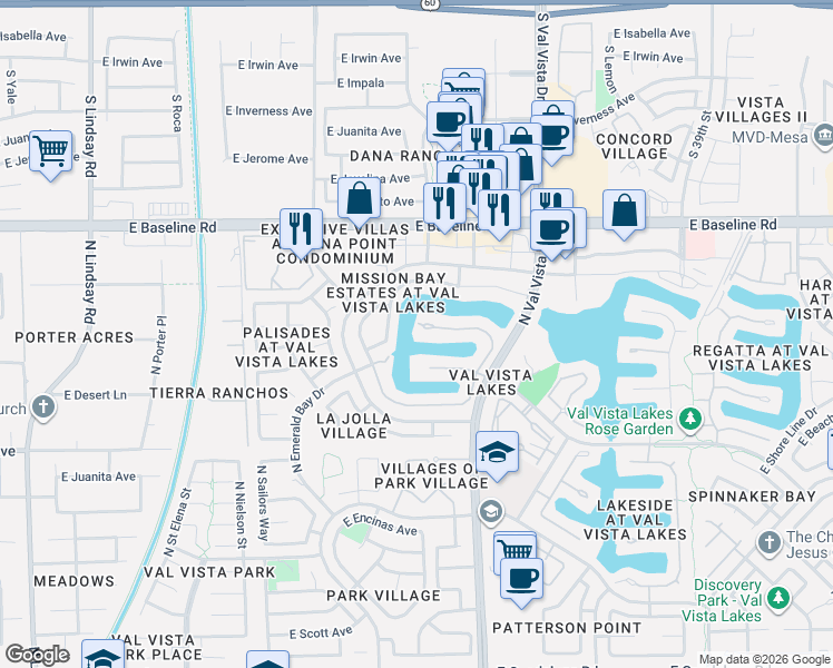 map of restaurants, bars, coffee shops, grocery stores, and more near 1402 East Coral Cove Drive in Gilbert