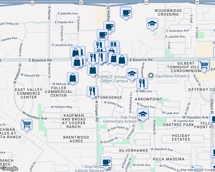 map of restaurants, bars, coffee shops, grocery stores, and more near 721 West Gary Avenue in Gilbert