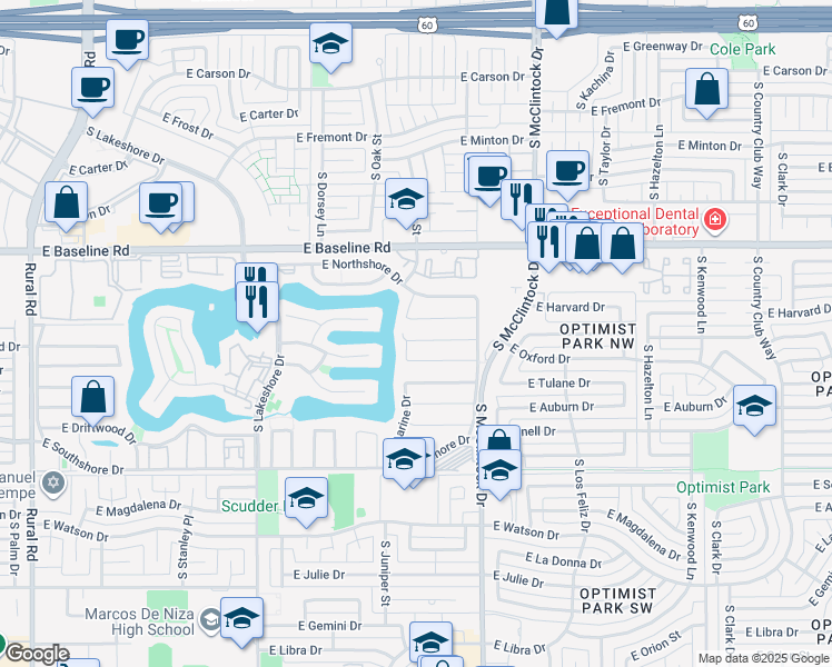 map of restaurants, bars, coffee shops, grocery stores, and more near 1526 East Westwind Way in Tempe