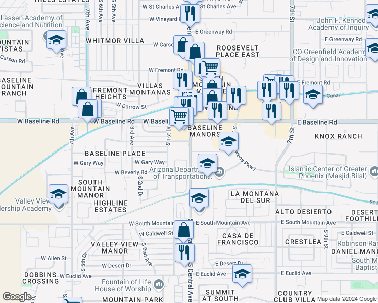 map of restaurants, bars, coffee shops, grocery stores, and more near 7823 South 1st Drive in Phoenix