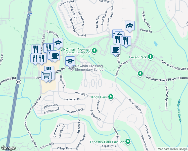 map of restaurants, bars, coffee shops, grocery stores, and more near 121 Macalester Drive in Newnan