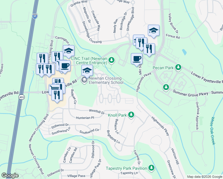 map of restaurants, bars, coffee shops, grocery stores, and more near 121 Macalester Drive in Newnan