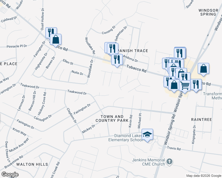 map of restaurants, bars, coffee shops, grocery stores, and more near 3716 Teakwood Court in Hephzibah
