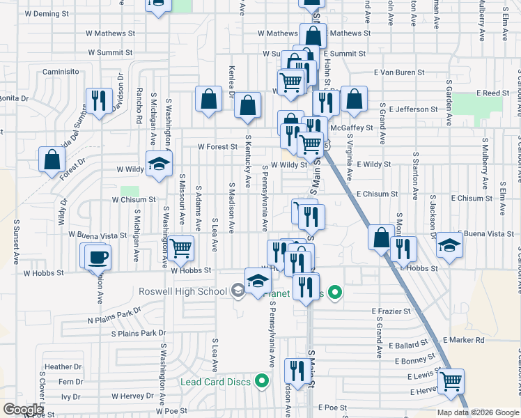 map of restaurants, bars, coffee shops, grocery stores, and more near 1504-1598 South Pennsylvania Avenue in Roswell