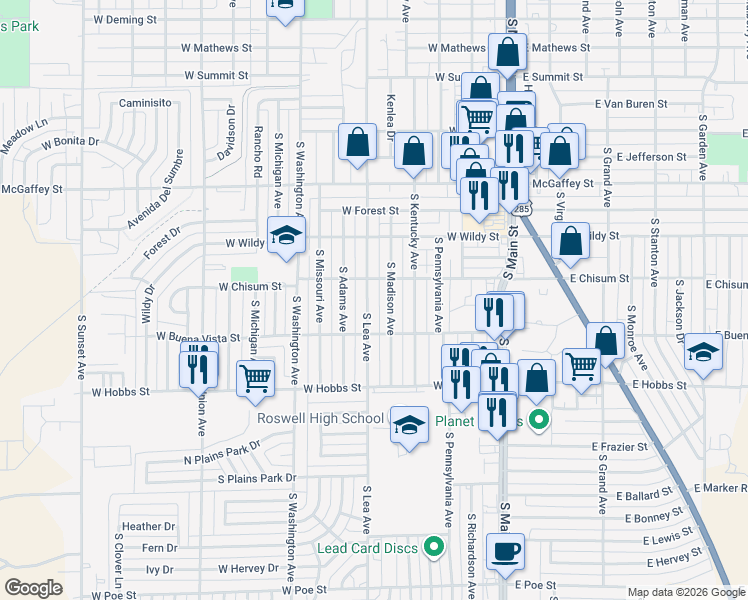 map of restaurants, bars, coffee shops, grocery stores, and more near 1512 South Lea Avenue in Roswell