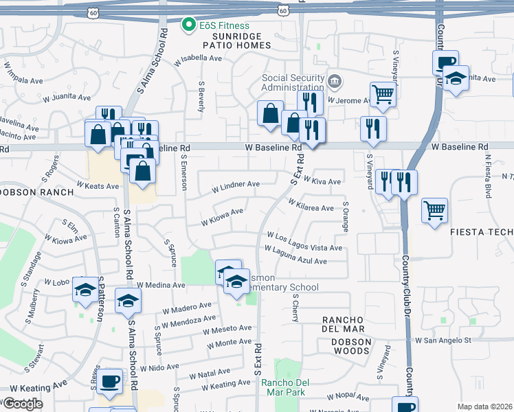 map of restaurants, bars, coffee shops, grocery stores, and more near 2211 South Westwood Circle in Mesa