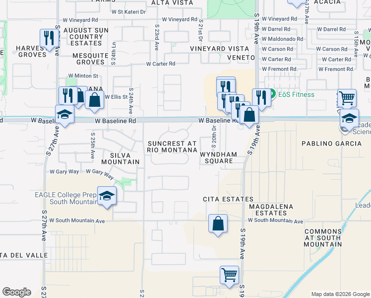 map of restaurants, bars, coffee shops, grocery stores, and more near 7808 South 21st Drive in Phoenix