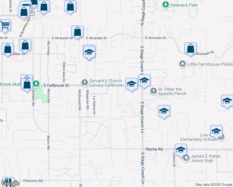 map of restaurants, bars, coffee shops, grocery stores, and more near 452 Debby Street in Fallbrook