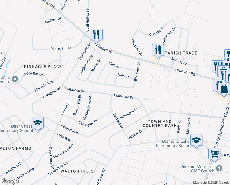 map of restaurants, bars, coffee shops, grocery stores, and more near 2641 Teakwood Drive in Hephzibah
