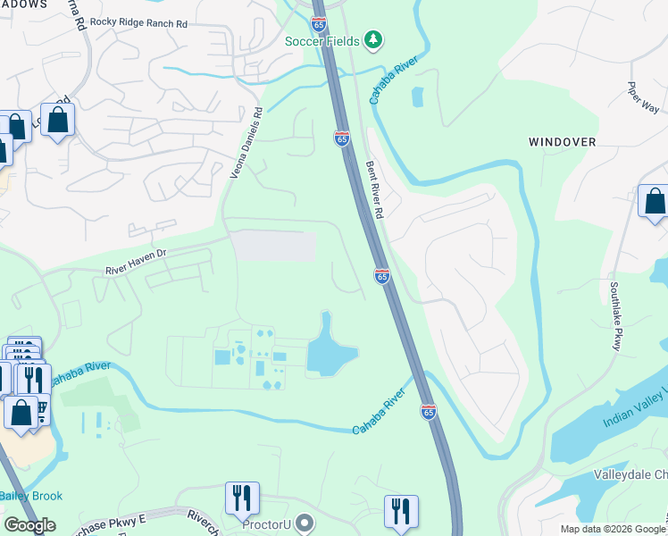 map of restaurants, bars, coffee shops, grocery stores, and more near 4395 Ridgemont Circle in Birmingham