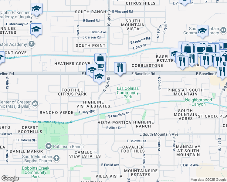 map of restaurants, bars, coffee shops, grocery stores, and more near 1708 East Beautiful Lane in Phoenix