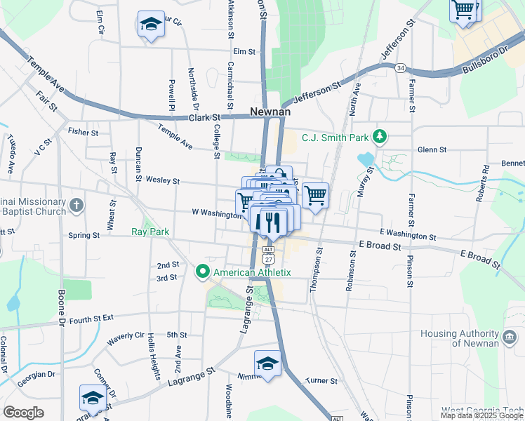 map of restaurants, bars, coffee shops, grocery stores, and more near 7 Jefferson Street in Newnan