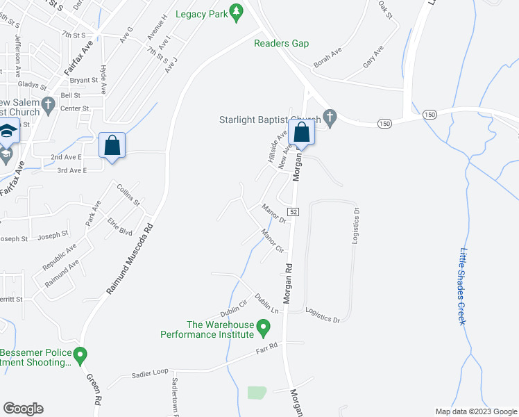 map of restaurants, bars, coffee shops, grocery stores, and more near 119 New Avenue in Bessemer