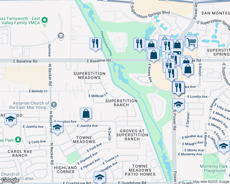 map of restaurants, bars, coffee shops, grocery stores, and more near 4450 East Desert Lane in Gilbert