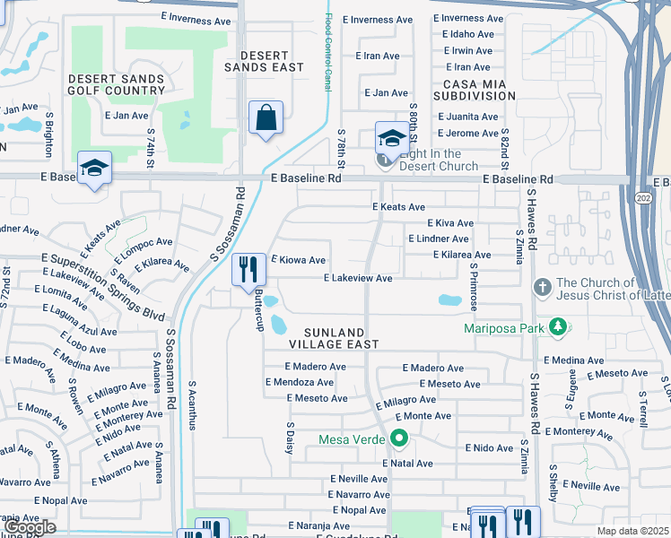 map of restaurants, bars, coffee shops, grocery stores, and more near 7925 East Lakeview Avenue in Mesa