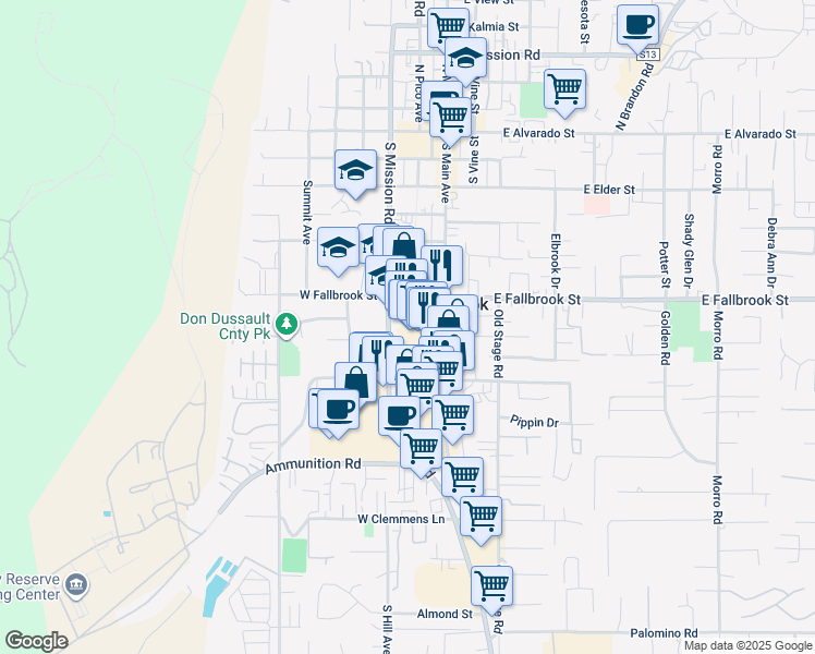 map of restaurants, bars, coffee shops, grocery stores, and more near 855 South Main Avenue in Fallbrook