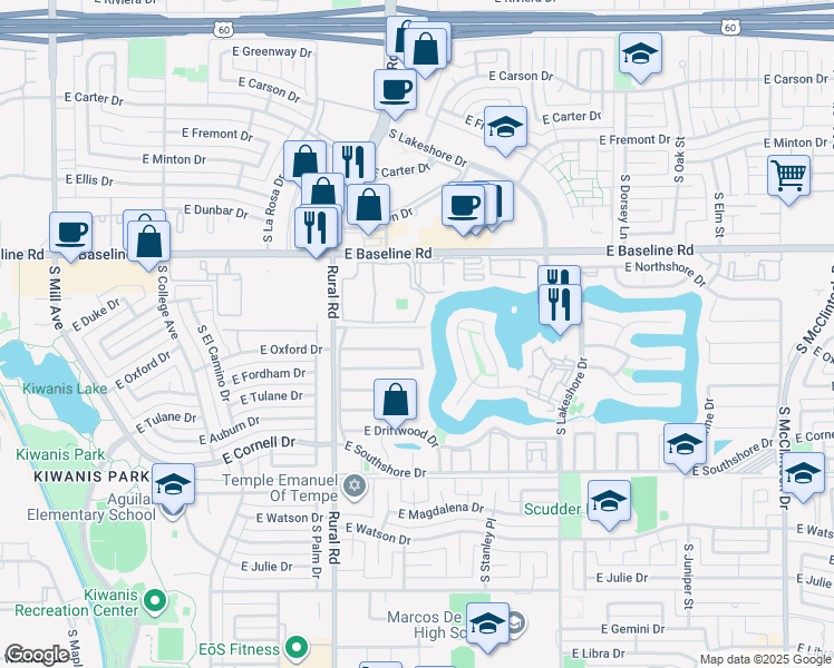 map of restaurants, bars, coffee shops, grocery stores, and more near 957 East Lamplighter Lane in Tempe