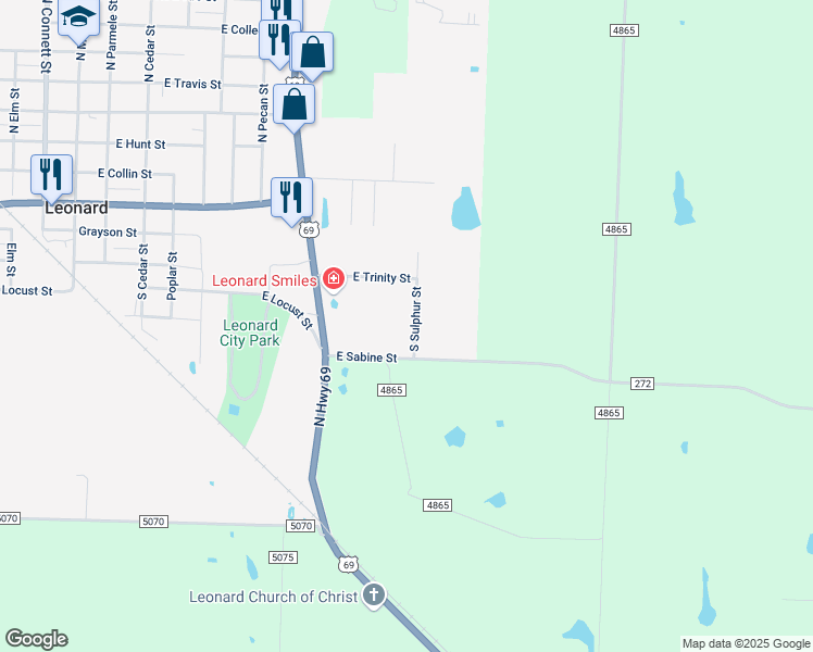 map of restaurants, bars, coffee shops, grocery stores, and more near 524 South Sulphur Street in Leonard
