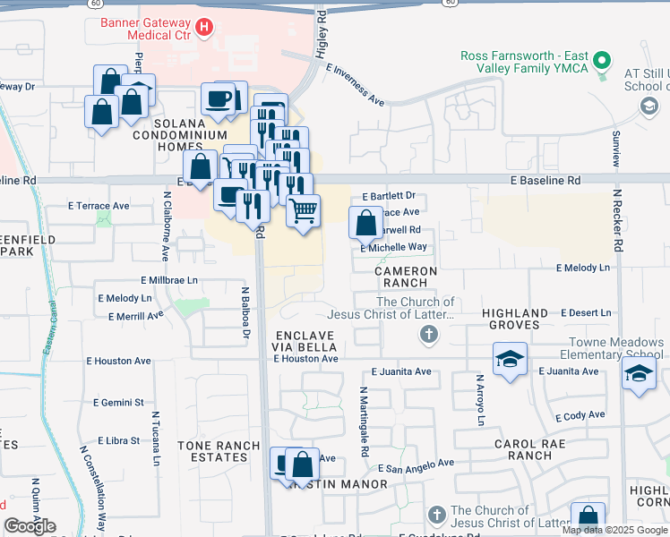 map of restaurants, bars, coffee shops, grocery stores, and more near 1415 North San Benito Drive in Gilbert