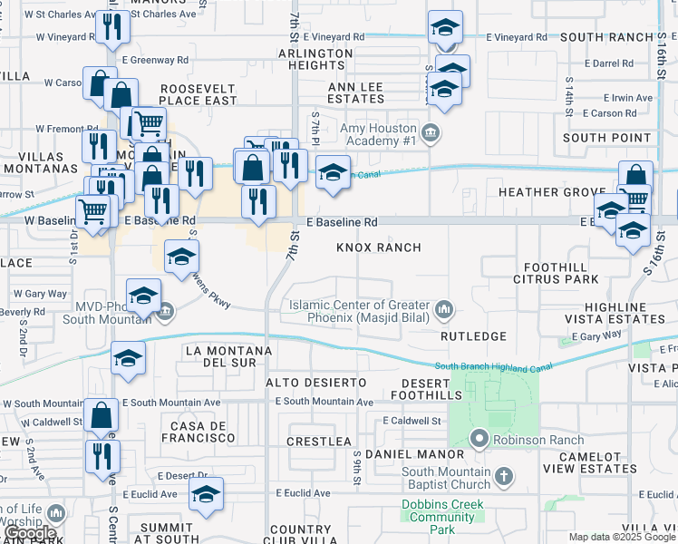map of restaurants, bars, coffee shops, grocery stores, and more near 849 Constance Way in Phoenix