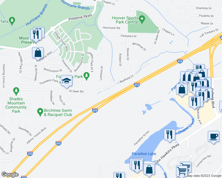 map of restaurants, bars, coffee shops, grocery stores, and more near 1389 Al Seier Road in Birmingham