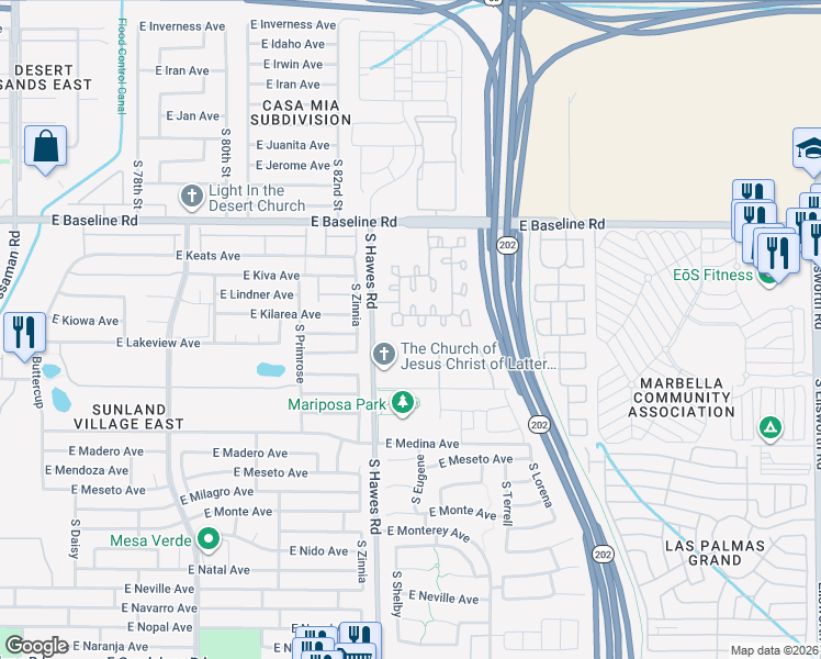 map of restaurants, bars, coffee shops, grocery stores, and more near 2207 South Hawes Road in Mesa