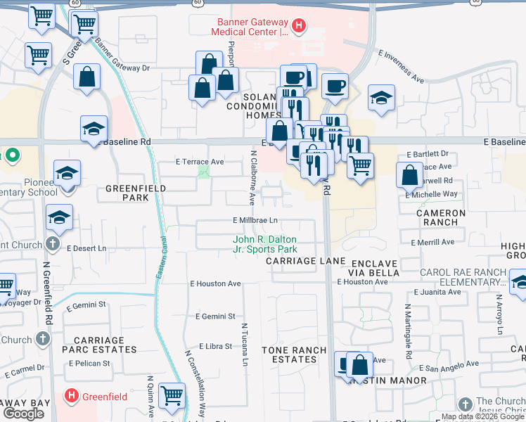 map of restaurants, bars, coffee shops, grocery stores, and more near 3033 East Millbrae Lane in Gilbert