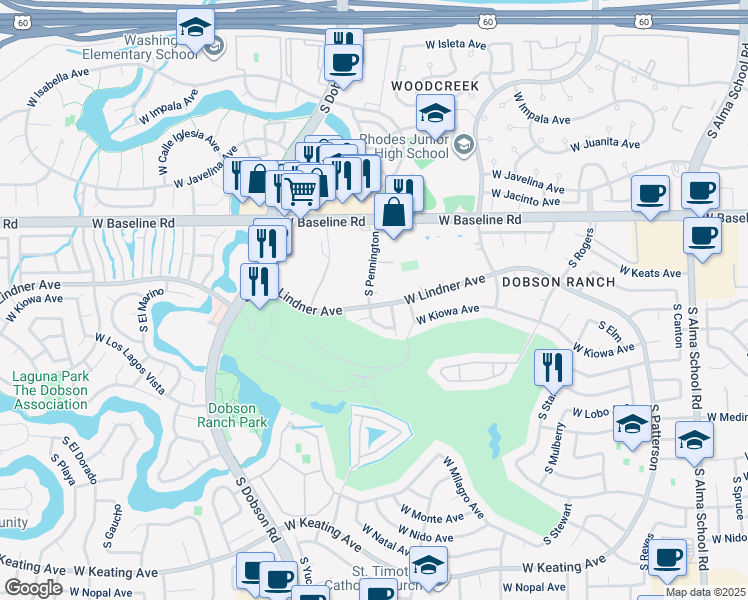 map of restaurants, bars, coffee shops, grocery stores, and more near 2141 South Pennington in Mesa