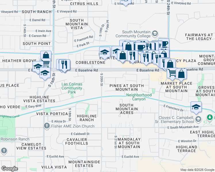 map of restaurants, bars, coffee shops, grocery stores, and more near 2009 East Fawn Drive in Phoenix