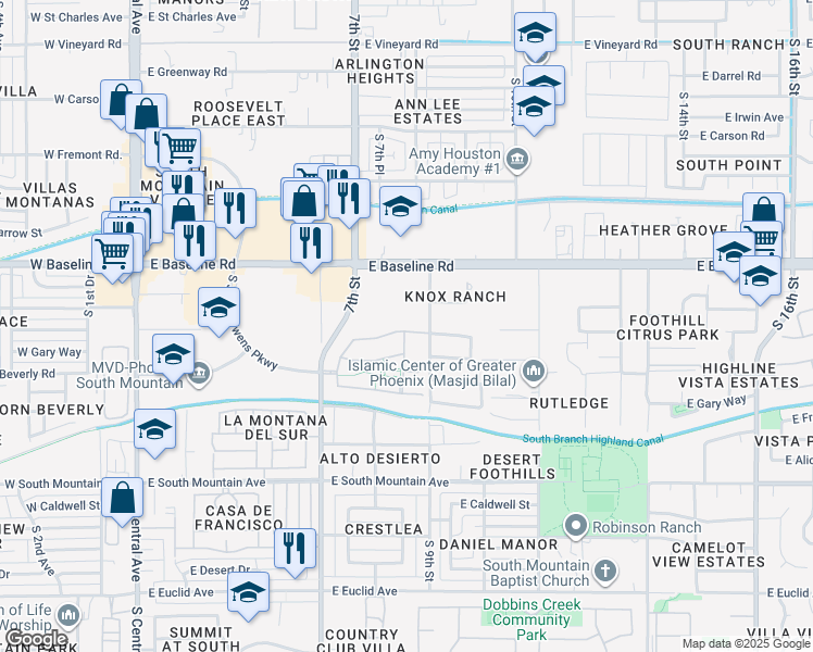 map of restaurants, bars, coffee shops, grocery stores, and more near 849 Constance Way in Phoenix