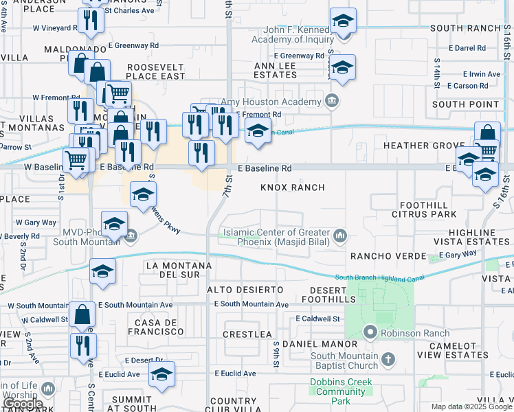 map of restaurants, bars, coffee shops, grocery stores, and more near 809 Constance Way in Phoenix