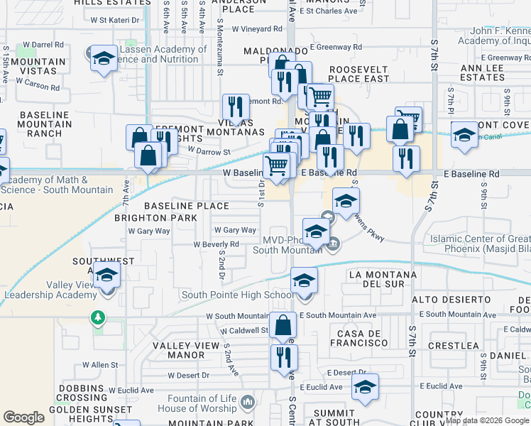 map of restaurants, bars, coffee shops, grocery stores, and more near 106 West Gary Way in Phoenix