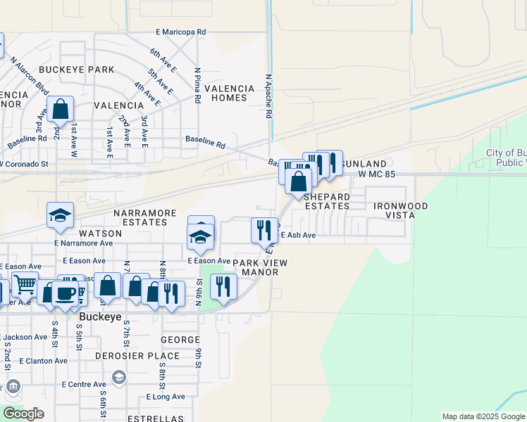 map of restaurants, bars, coffee shops, grocery stores, and more near 1022 East Narramore Avenue in Buckeye
