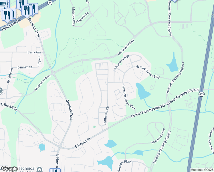 map of restaurants, bars, coffee shops, grocery stores, and more near 6 Lynnfield Drive in Newnan