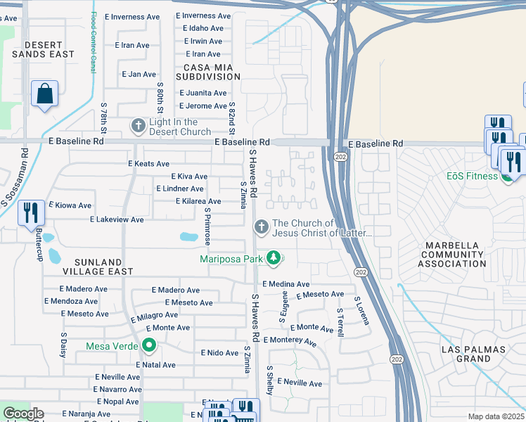 map of restaurants, bars, coffee shops, grocery stores, and more near 8413 East Lindner Avenue in Mesa