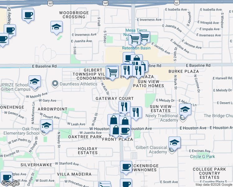 map of restaurants, bars, coffee shops, grocery stores, and more near 1356 North Dana Street in Gilbert